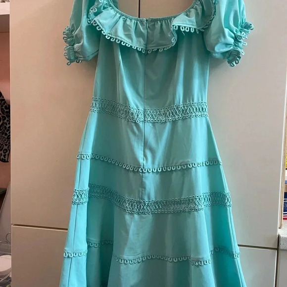 Justwoman Turquoise Dress Size 38 S/M Lace Flared Embroidered Off the Shoulder - Picture 7 of 7